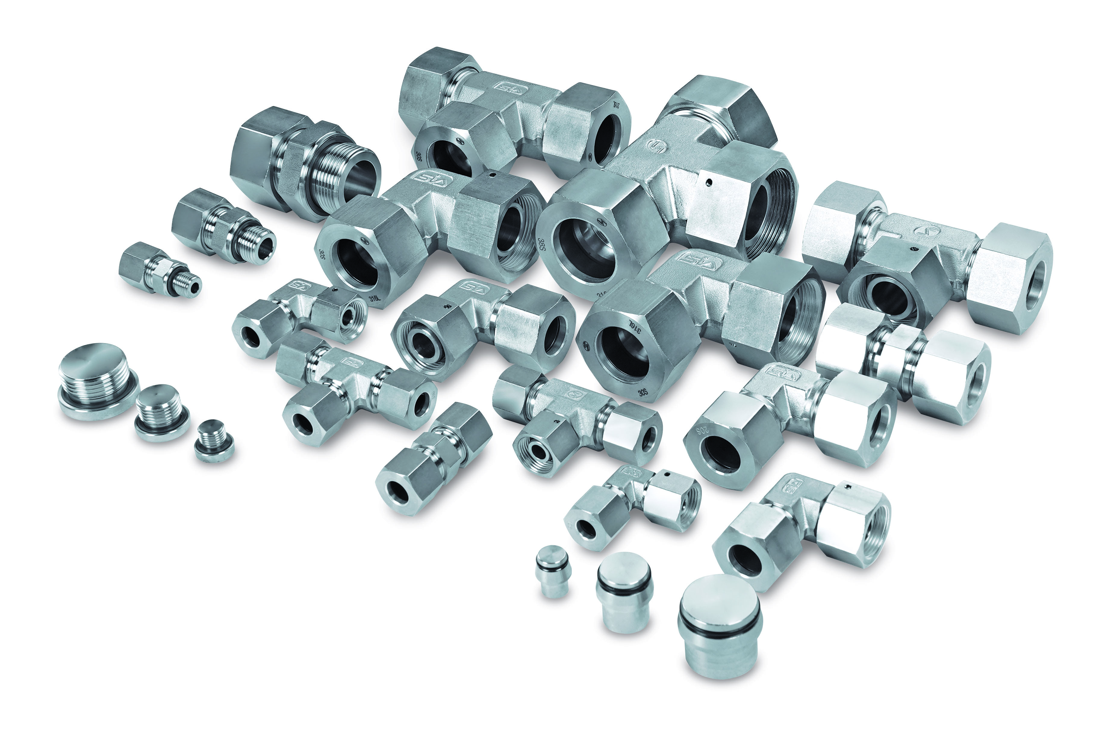 DIN type tube fitting range with unions, elbows, tees, connectors and plugs